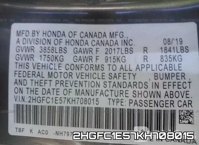 2HGFC1E57KH708015 фото 10