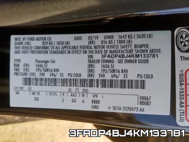 3FADP4BJ4KM133781 фото 2