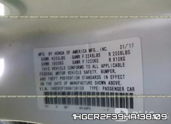 1HGCR2F39HA138109 фото 10