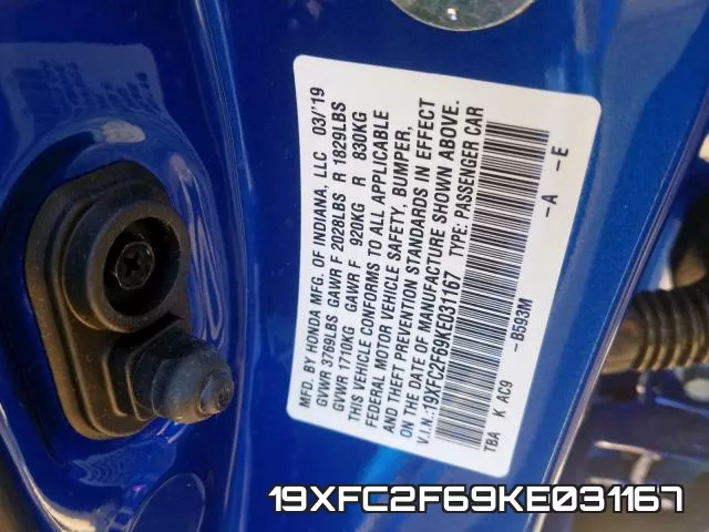 19XFC2F69KE031167 фото 2