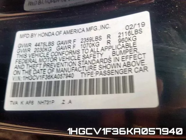 1HGCV1F36KA057940 фото 2