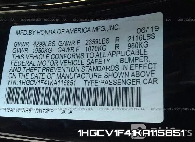 1HGCV1F41KA115851 фото 9