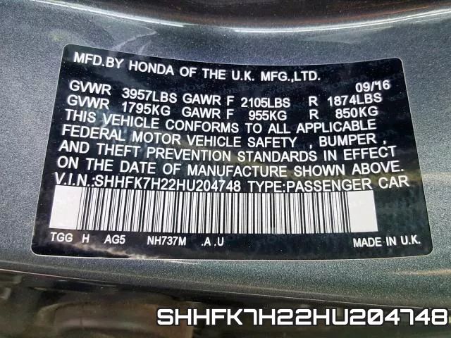 SHHFK7H22HU204748 фото 2
