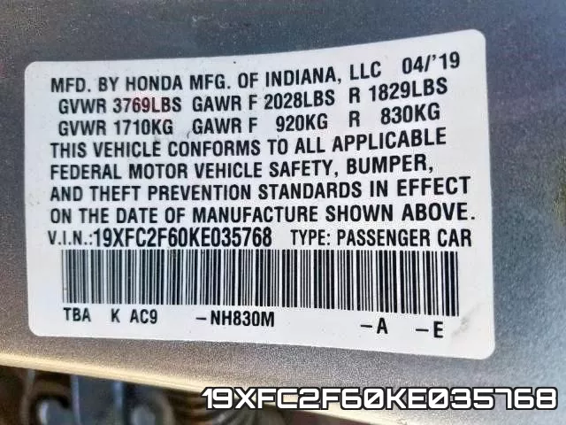 19XFC2F60KE035768 фото 2