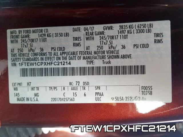 1FTEW1CPXHFC21214 фото 2