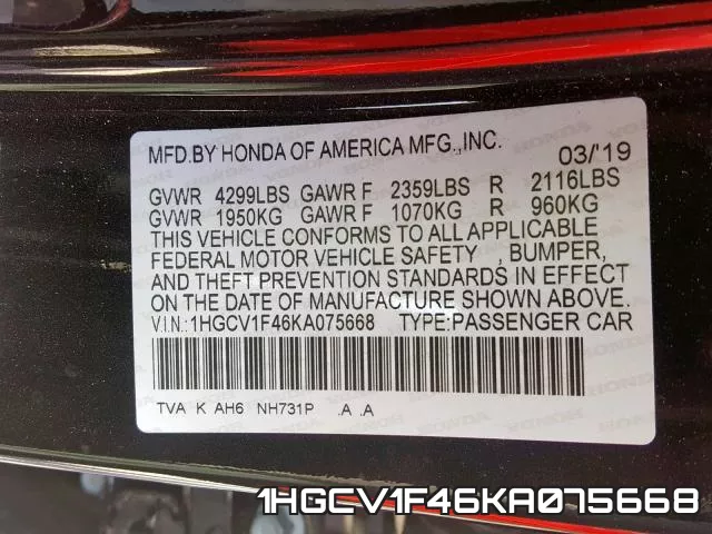 1HGCV1F46KA075668 фото 2