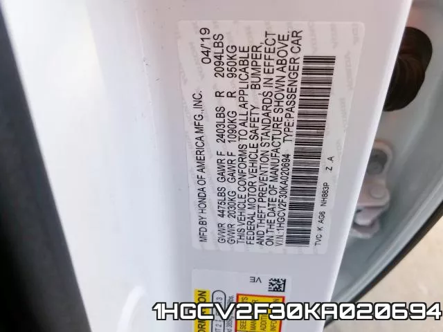 1HGCV2F30KA020694 фото 2