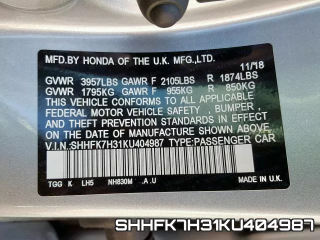 SHHFK7H31KU404987 фото 2