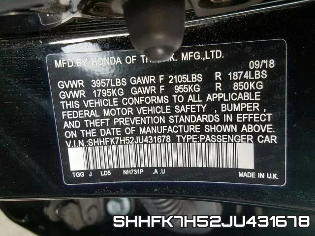 SHHFK7H52JU431678 фото 2