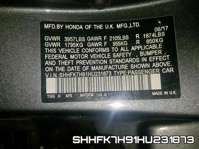 SHHFK7H91HU231873 фото 2