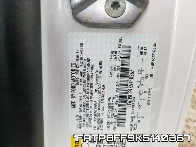 1FATP8FF9K5140367 фото 2