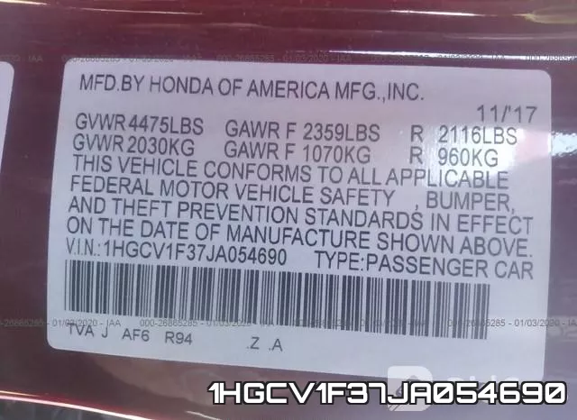 1HGCV1F37JA054690 фото 10