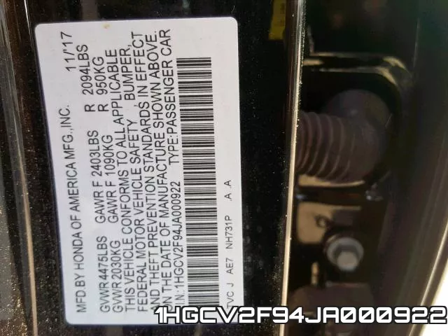 1HGCV2F94JA000922 фото 2
