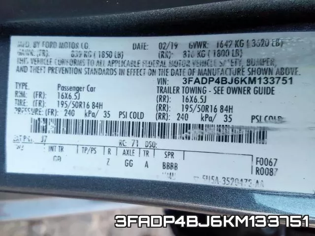3FADP4BJ6KM133751 фото 2