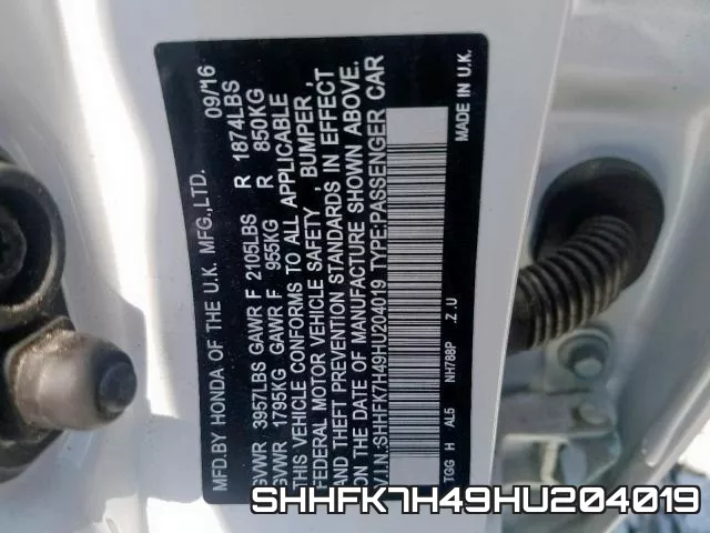 SHHFK7H49HU204019 фото 2