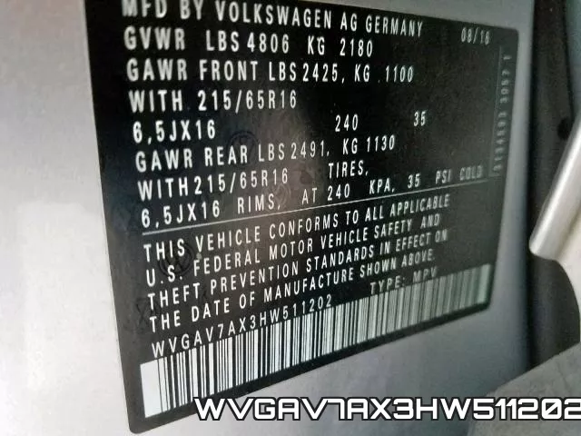 WVGAV7AX3HW511202 фото 2