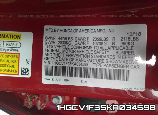 1HGCV1F35KA034598 фото 10