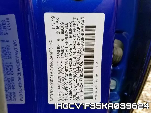 1HGCV1F35KA039624 фото 2