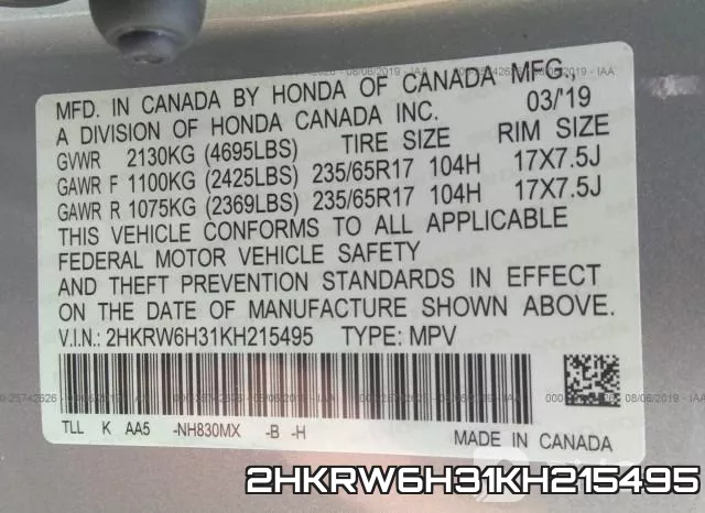 2HKRW6H31KH215495 фото 9