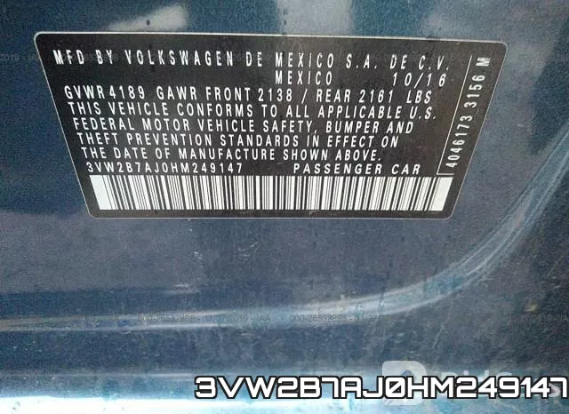 3VW2B7AJ0HM249147 фото 10