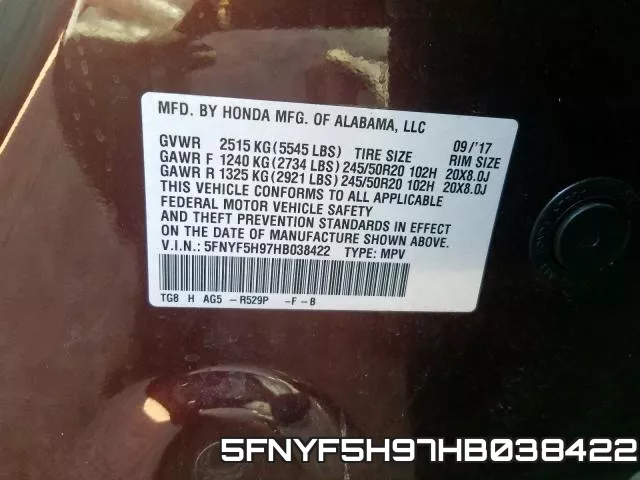 5FNYF5H97HB038422 фото 2