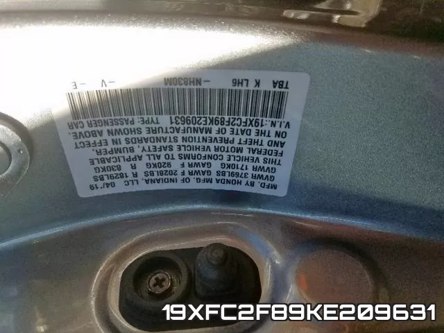 19XFC2F89KE209631 фото 2