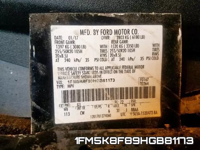 1FM5K8F89HGB81173 фото 2