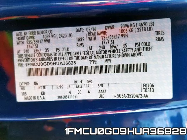 1FMCU0GD9HUA36828 фото 2