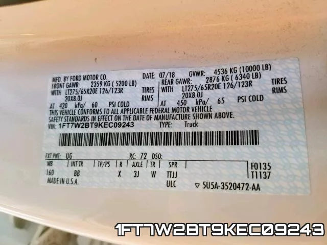 1FT7W2BT9KEC09243 фото 2