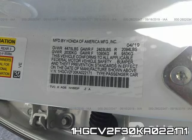 1HGCV2F30KA022171 фото 10