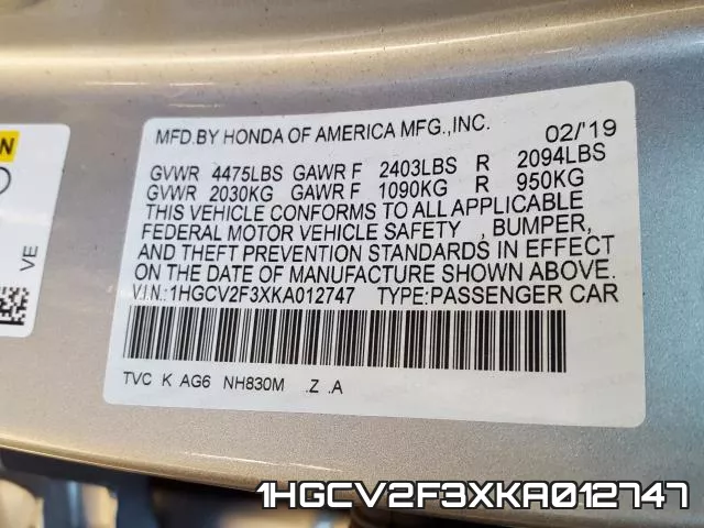 1HGCV2F3XKA012747 фото 2
