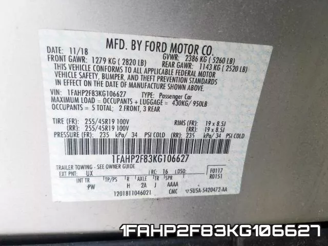 1FAHP2F83KG106627 фото 2