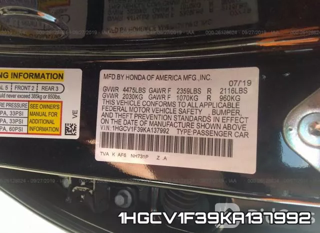 1HGCV1F39KA137992 фото 10