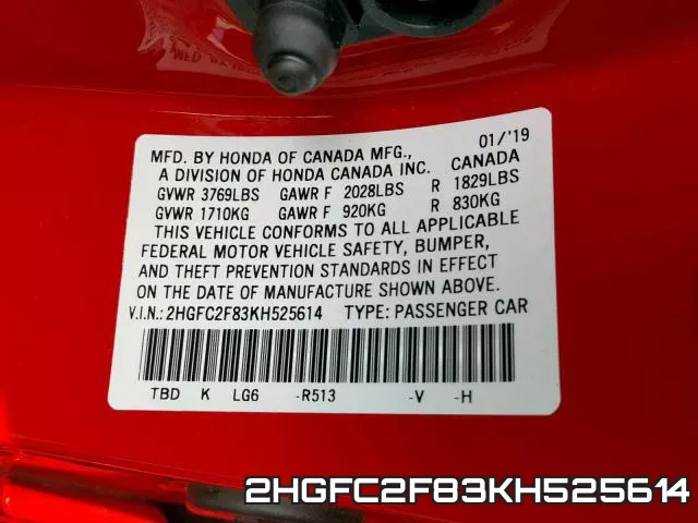 2HGFC2F83KH525614 фото 2