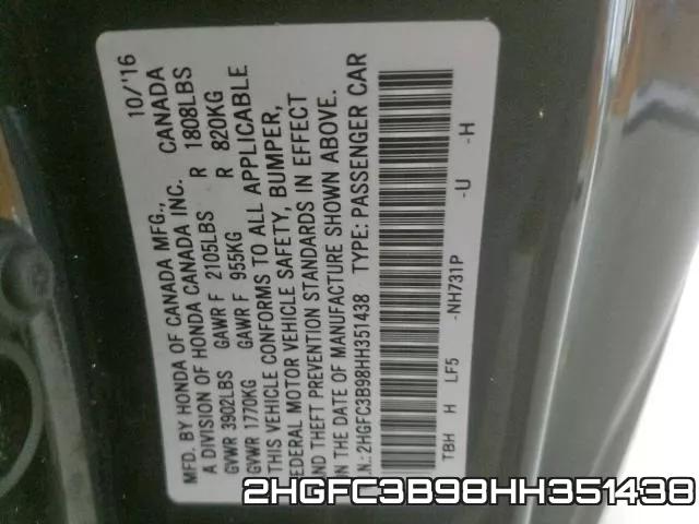 2HGFC3B98HH351438 фото 2