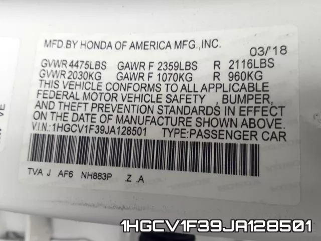 1HGCV1F39JA128501 фото 2