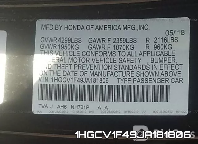 1HGCV1F49JA181806 фото 10