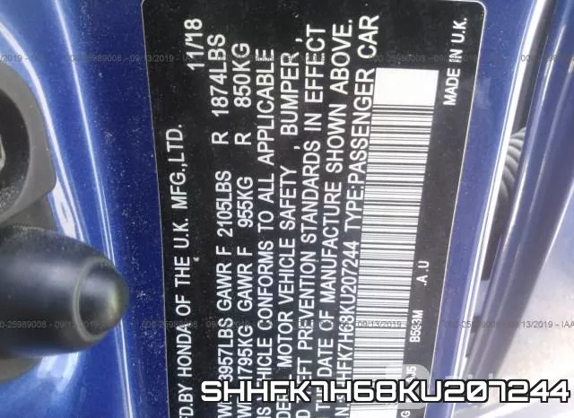 SHHFK7H68KU207244 фото 10