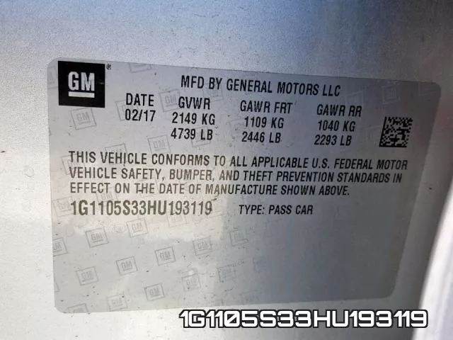 1G1105S33HU193119 фото 2