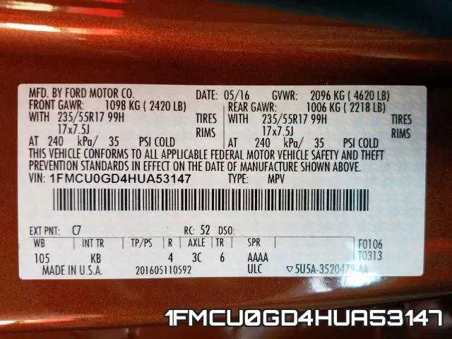 1FMCU0GD4HUA53147 фото 2