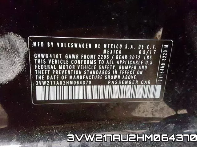 3VW217AU2HM064370 фото 2