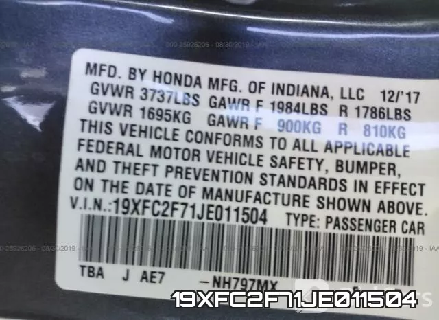 19XFC2F71JE011504 фото 8