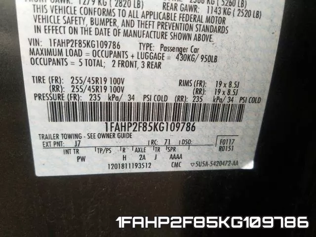1FAHP2F85KG109786 фото 2
