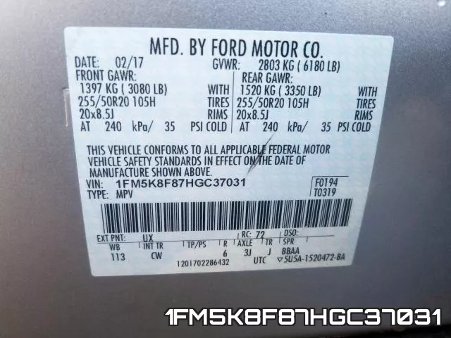 1FM5K8F87HGC37031 фото 2