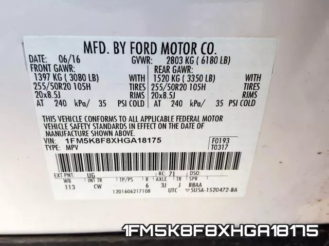 1FM5K8F8XHGA18175 фото 2