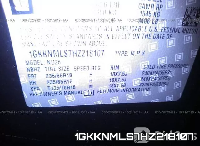 1GKKNMLS7HZ218107 фото 8