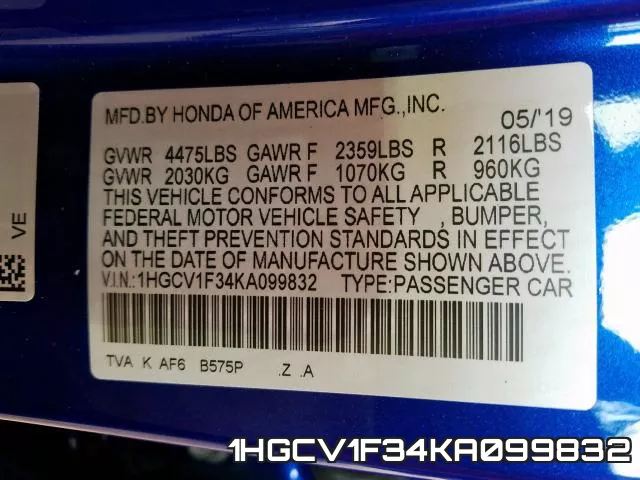 1HGCV1F34KA099832 фото 2