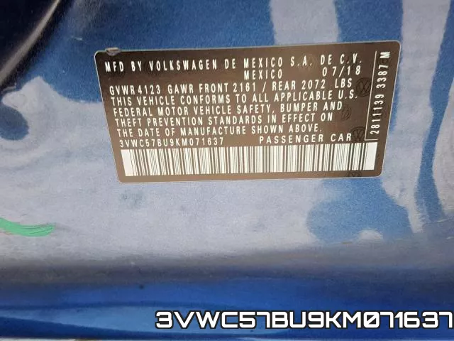 3VWC57BU9KM071637 фото 2