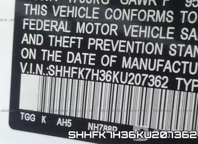 SHHFK7H36KU207362 фото 9