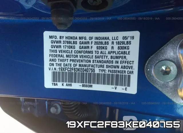 19XFC2F83KE040755 фото 9